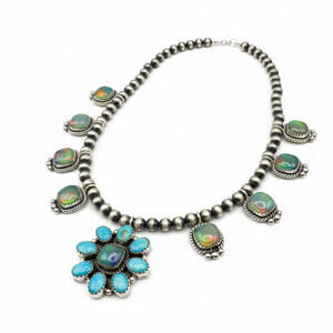 24" Turquoise & Aura Opal "Blossom" Cluster Necklace - HCR Sterling Silver